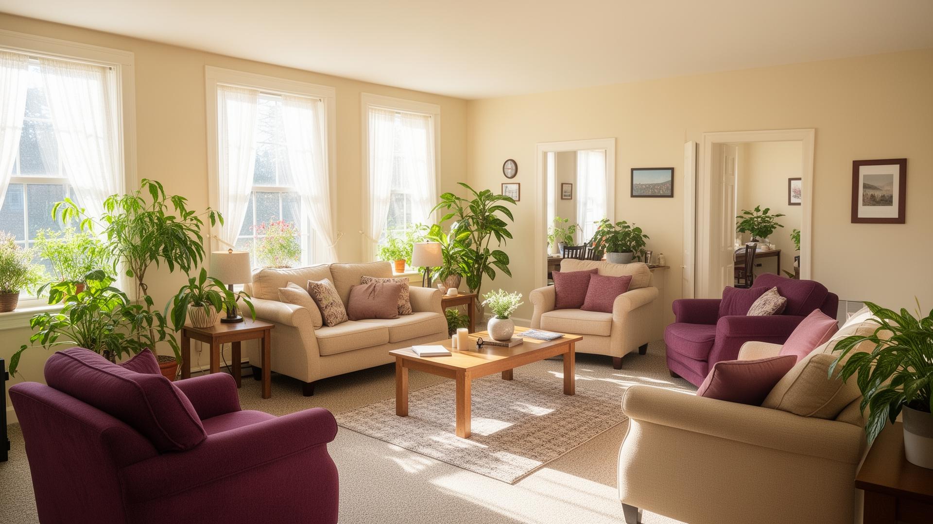 Sunlit, welcoming shared living room in a sober-living home